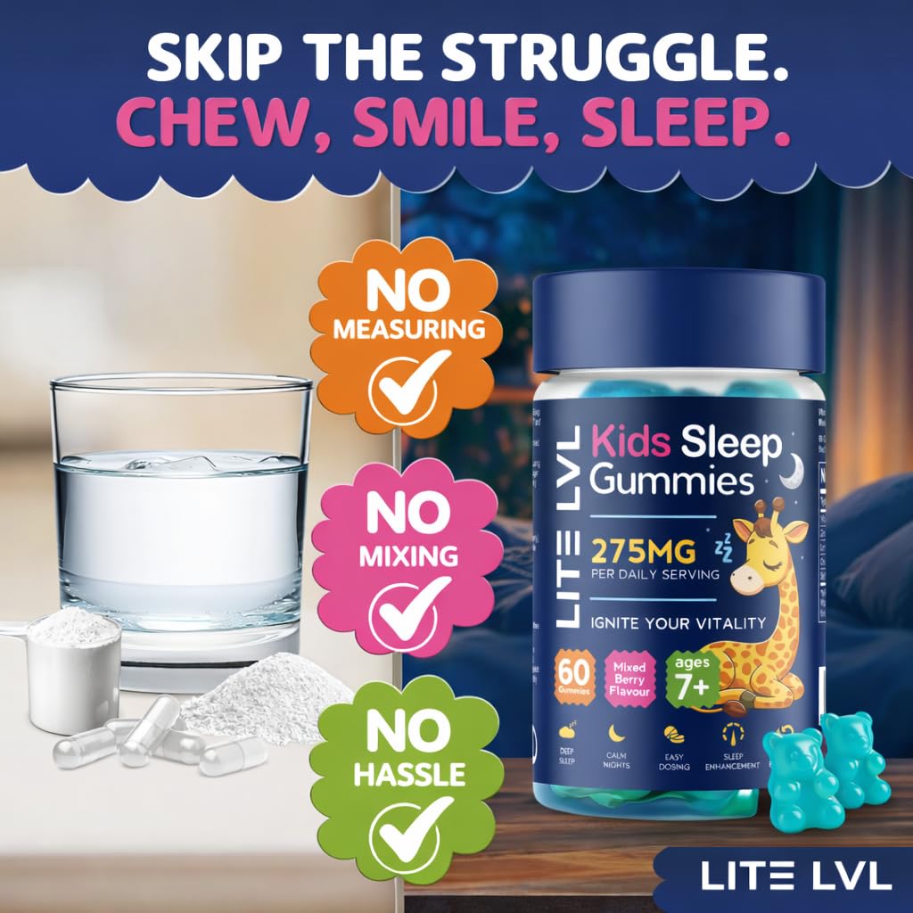 LITE LVL Kids Sleep Gummies Age 7+ | Calm & Relax Bedtime Gummies | Gentle Sleep Support with Camomile & Lemon Balm | Melatonin Free Formula | Mixed Berry Flavour | 60 Days Supply | LightLevel Kids