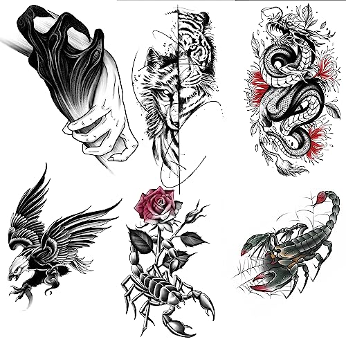 Nirbffo Black Scorpion Eagle Dragon Tiger Temporary Tattoo Rose for Man 6Pieces