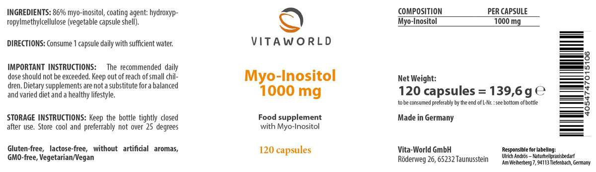 Vita World Myo-Inositol - High-dose inositol 1000mg (120 Vegan Capsules) l Important Messenger Substance for Cell Metabolism l Without unwanted additives, Gluten/Lactose Free