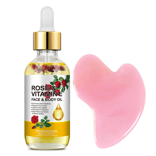 IWKDIJ Rose Vitamin E Oil,60ML Rose Oil with Gua Sha,Body Gua Sha Massage Tool - for Face Neck Eye, Muscle Pain
