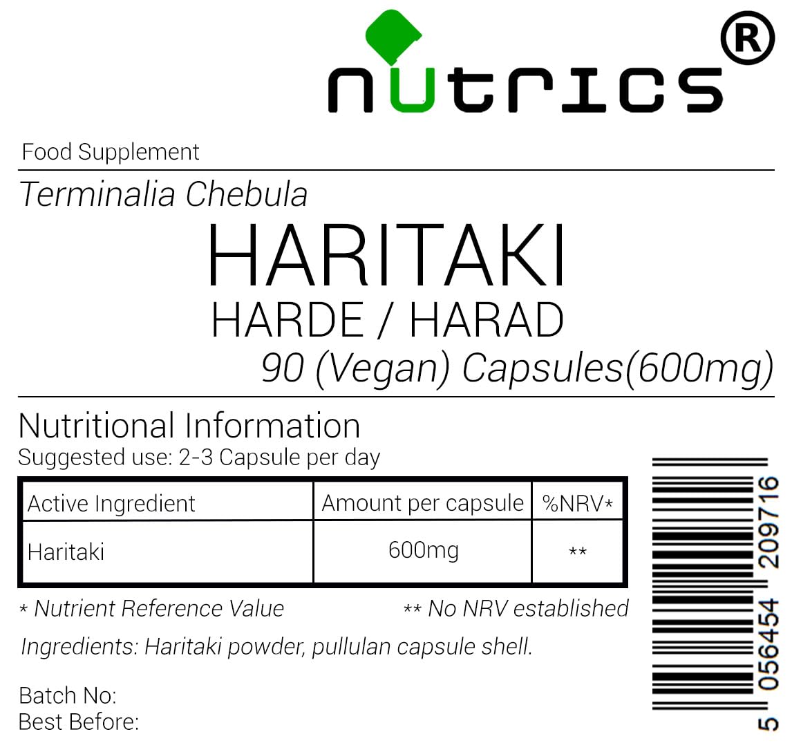 Nutrics® 600mg HARITAKI Harad Harde 100% Pure 90 V Capsules (1 Month Supply) - Terminalia Chebula - Suitable for Vegan Vegetarian Halal & Kosher Diet
