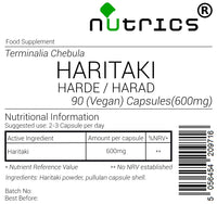 Nutrics® 600mg HARITAKI Harad Harde 100% Pure 90 V Capsules (1 Month Supply) - Terminalia Chebula - Suitable for Vegan Vegetarian Halal & Kosher Diet
