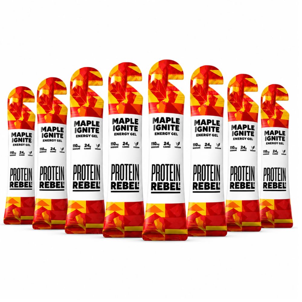 Maple Ignite - Natural Energy Gels with Grade A Canadian Maple Syrup for Running, Cycling & Endurance by Protein Rebel - Easy to Digest Running Gels - 24g Carbs, Electrolytes (8 Sachets)