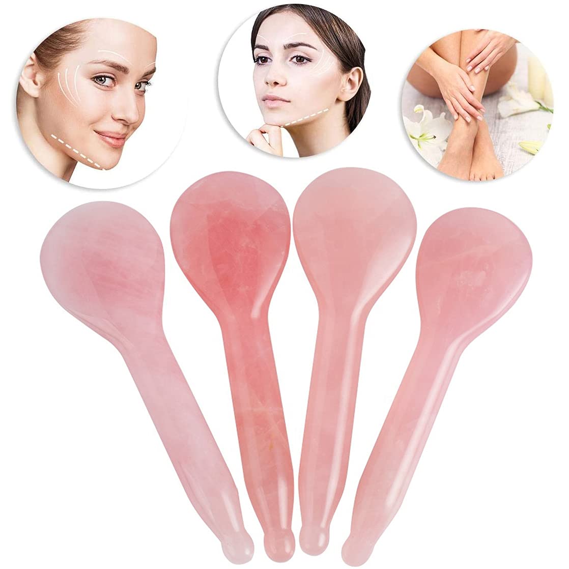 NewL Rose Quartz Jade Roller Real Jade Gua Sha Board Mushroom Massager Face Lifting Tool Facial Guasha Massage Tool (Spoon Shape)