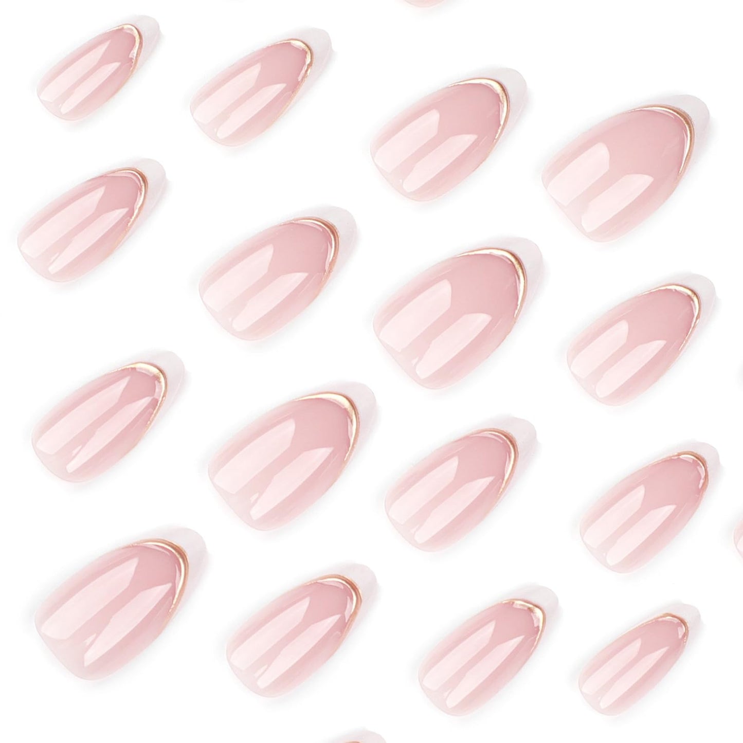 Ceboic Almond False Nails Medium, 24Pcs French White Tip Press on Nails Nude Pink Fake Nails with 3D Gold Stripe Design, Natural Glue on Nails Full Cover Acrylic Oval Stick on Nails for Women Girls