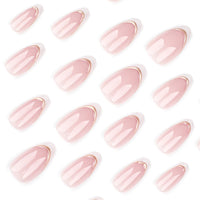 Ceboic Almond False Nails Medium, 24Pcs French White Tip Press on Nails Nude Pink Fake Nails with 3D Gold Stripe Design, Natural Glue on Nails Full Cover Acrylic Oval Stick on Nails for Women Girls