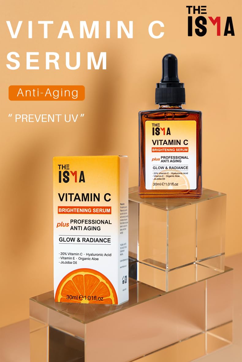 THE ISMA Vitamin C Serum for Face, Anti-Aging, 20% Vitamin C, Hyaluronic Acid, Vitamin E, Brightening Serum for Face/Neck/Eye Contour, All Skin Types 30ml