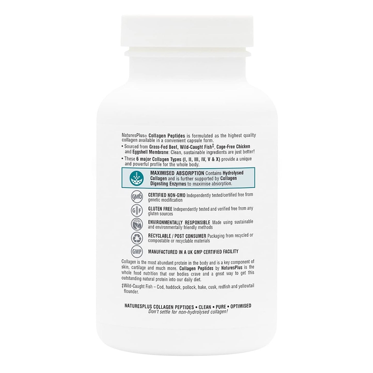 Nature's Plus NaturesPlus Collagen Peptides Capsules - Sustainable Hydrolysed Collagen Supplement, 6 Major Types of Collagen - Non-GMO, Gluten Free - 120 Capsules