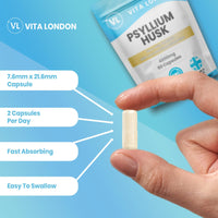 VL Vita London Psyllium Husk 4000mg Fibre Supplement – 60 High Strength Vegan Capsules (Easy Swallow) with Acidophilus Probiotics – Vita London Digestive Health Formula for Men & Women – Made in UK