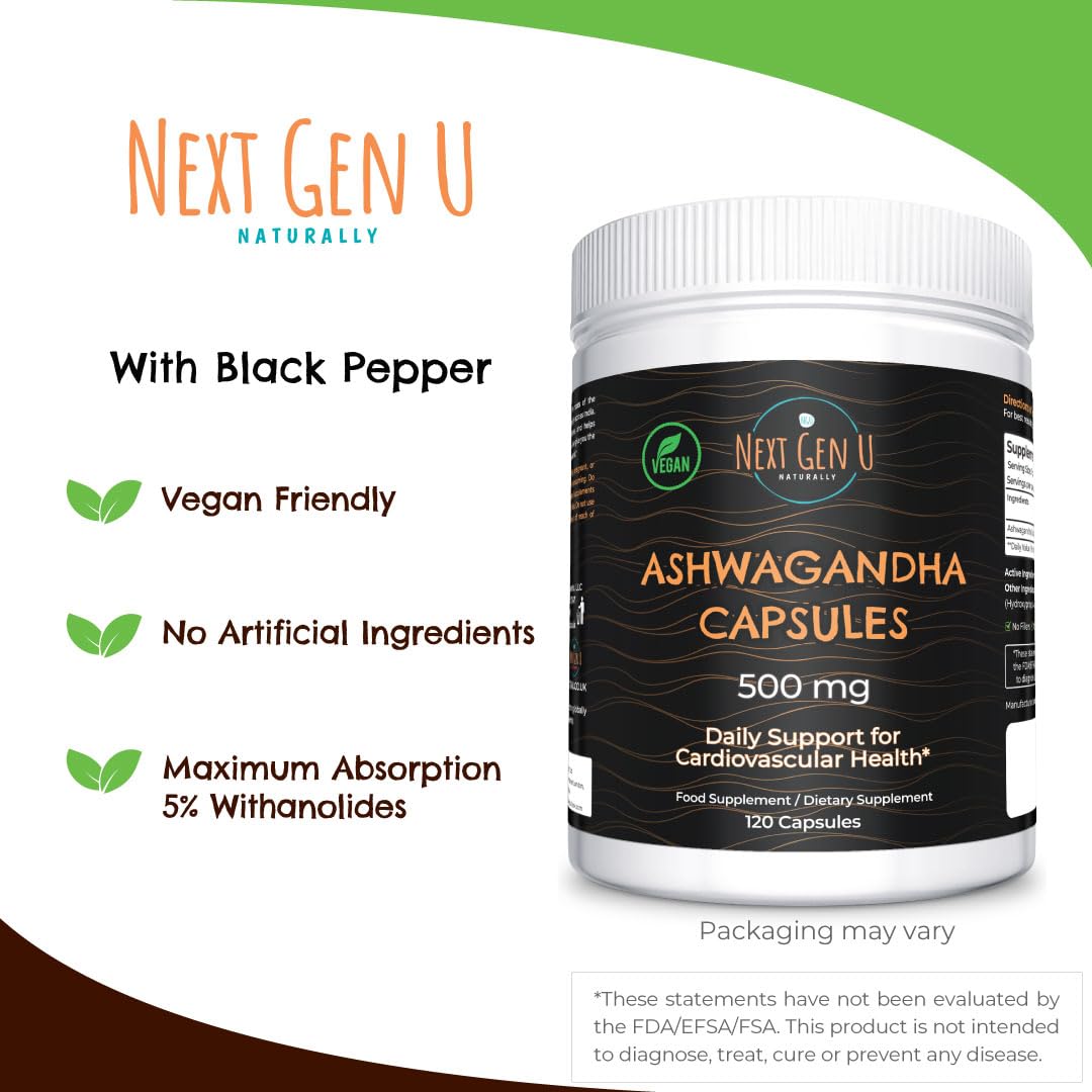 Ashwagandha 500 mg Strength 120 Capsules, Dietary Health Supplement for Men & Women, Supports Stress & Anxiety Relief, Restful Sleep & Focus, Ashwagandha Herb Root Extract w/ Withanolides by NGU