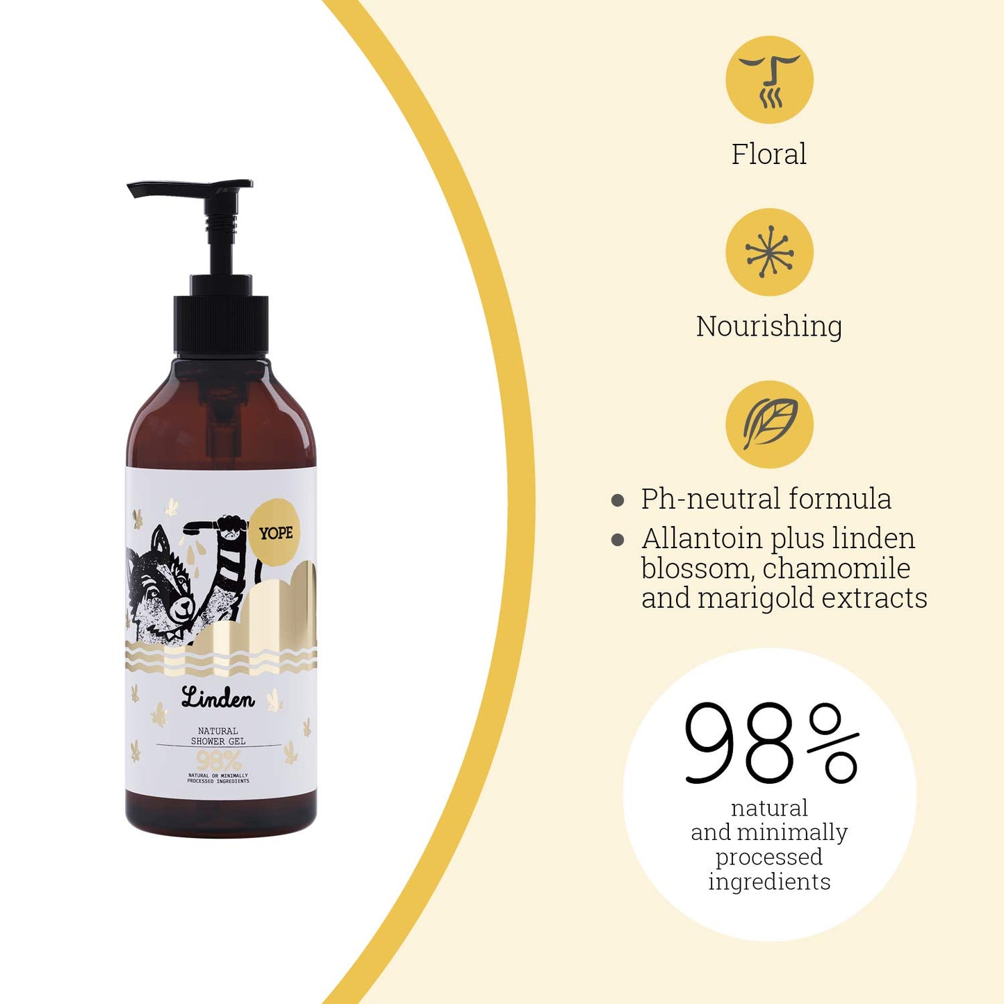 Yope Natural Shower Gel | Natural Linden Flower Extract | Skin Regeneration | Skin Nourishing | Moisturising | For Sensitive Skin | 98% Natural Ingredients | (Linden)