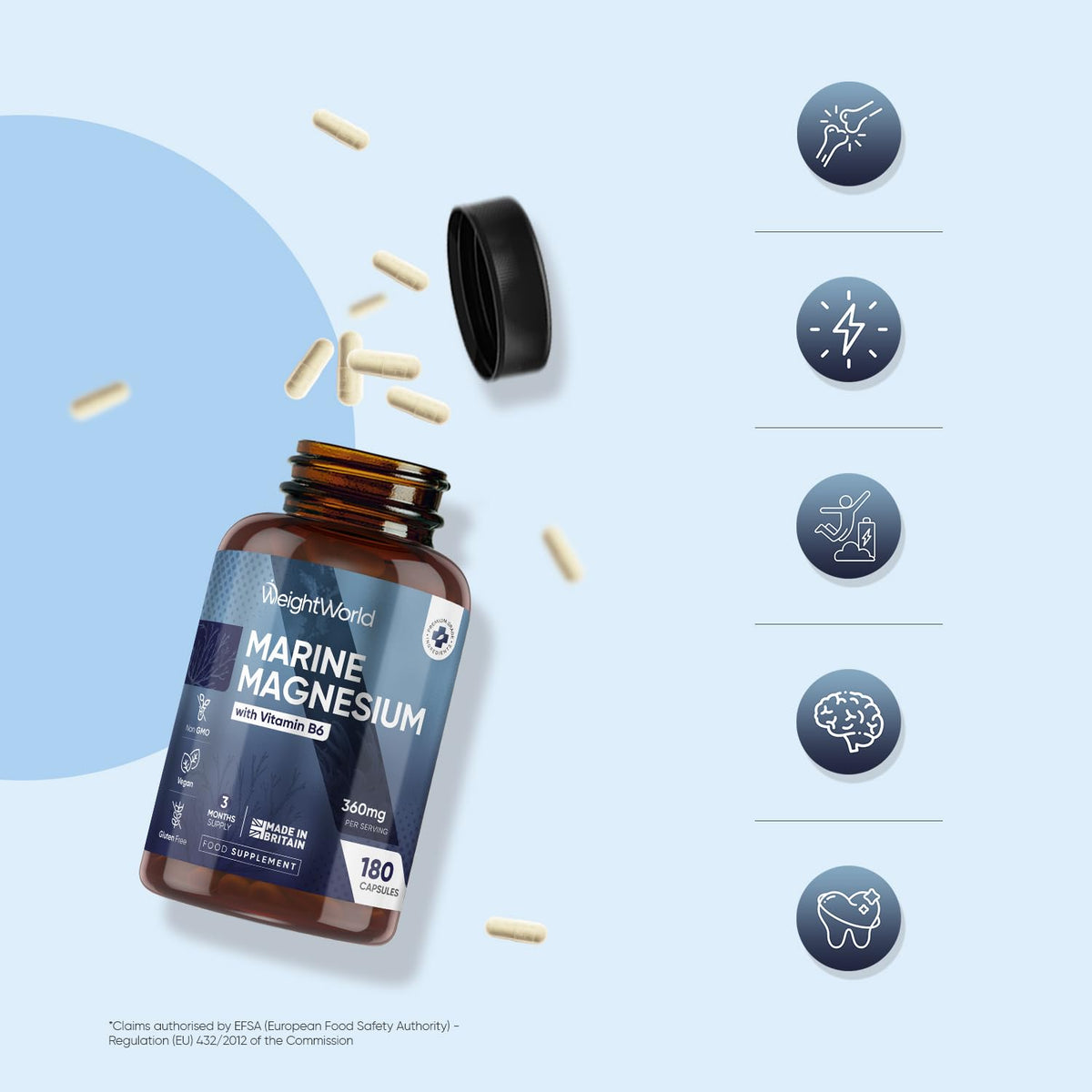 WeightWorld Weightworld Marine Magnesium with Vitamin B6 | 180 Vegan Capsules | 360mg per Serving | 3 Months Supply | Gluten-Free, Non-GMO & GMP-Approved | Magnesium Supplements | Made in the UK