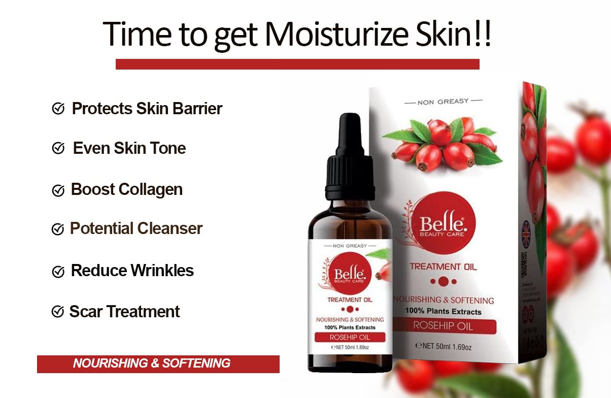 BELLE BEAUTY CARE Rosehip Oil Non Greasy Face Oil Treatment For Nourishing and Softening Skin Normal to Dry Skin 100% Pure Natural Cold Pressed Rosehip Oil 50mL1.69oz By BELLE