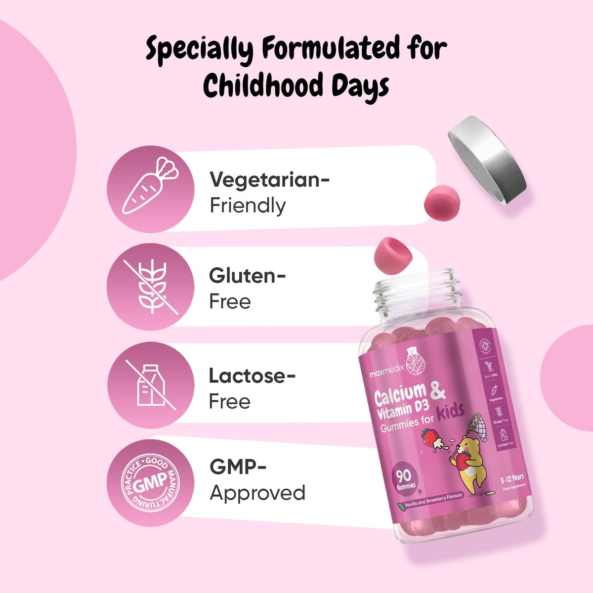 maxmedix Calcium and Vitamin D for Kids | 90 Tasty Gummies | Natural Strawberry & Vanilla Flavours | 45 Days Supply | Vegetarian Calcium for Kids Aged 3-12 Years | Easy to Chew, Gluten-Free & Lactose-Free