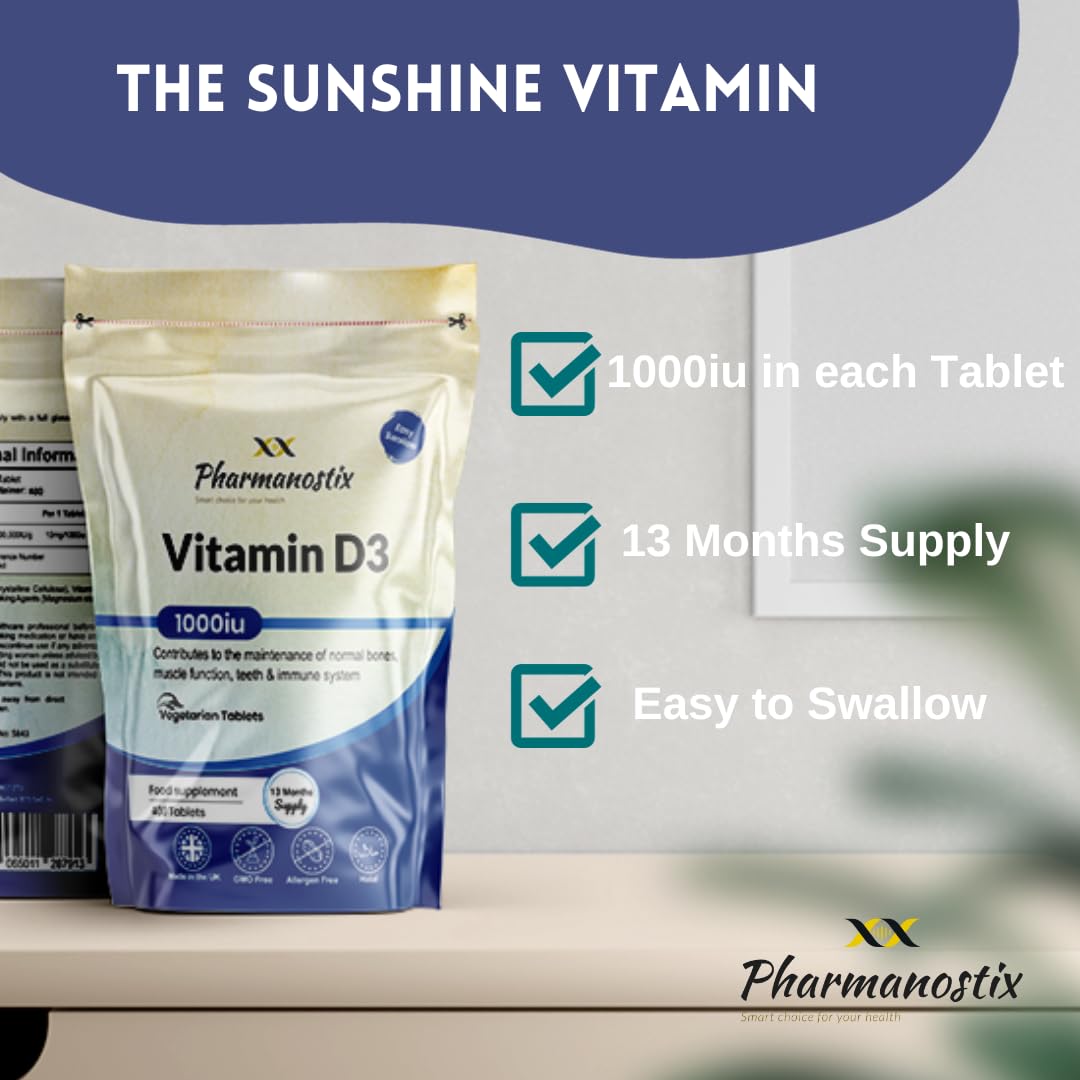 Vegetarian Vitamin D3 1000iu- 400 Tablets - High Strength Vitamin D Tablets -13 Month Supply - Easy to Swallow Micro Tablets - Immune System, Bone and Muscle Function Support- Pharmanostix