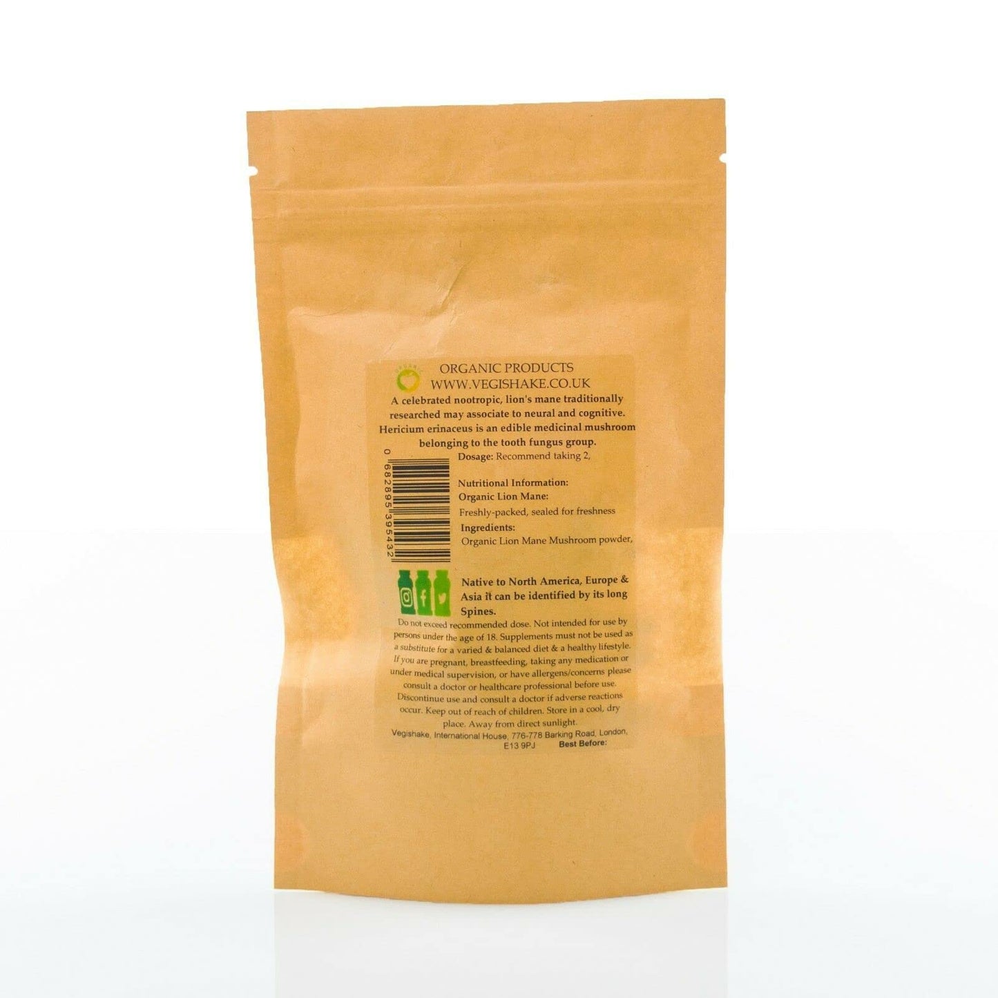 vegishake Organic Lions Mane Mushroom Powder Hericium erinaceus Polysaccharides Immune Cognitive Vegan (100g)