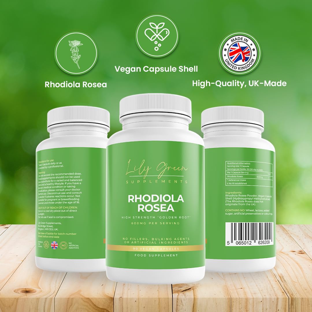 Lily Green Supplements Lily Green Rhodiola Rosea Capsules | 600mg Per Serving Rhodiola-Rosea Supplements for Anxiety, Adaptogenic & Cognitive Support | Non-GMO, No Artificial Additives | 90 Capsules | Made in UK