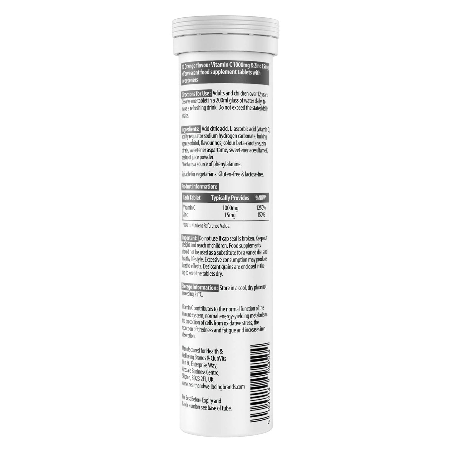 Vitamin C 1000mg & Zinc 15mg Orange Flavour Effervescent Tablets by Club Vits (2 Tubes of 20 Tablets)