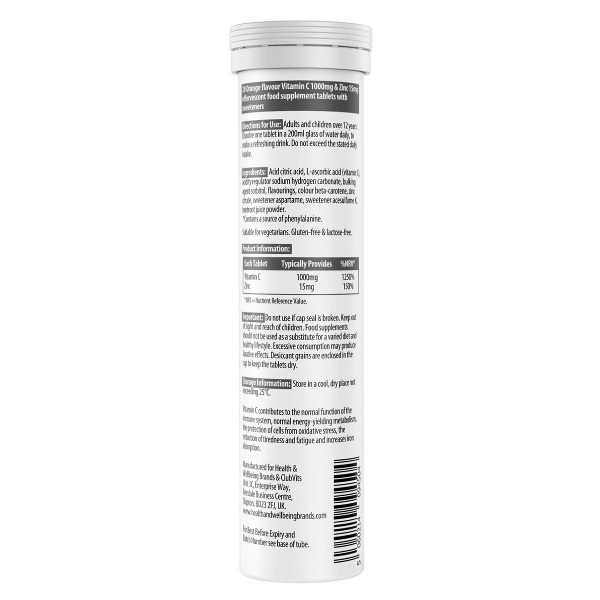 Vitamin C 1000mg & Zinc 15mg Orange Flavour Effervescent Tablets by Club Vits (2 Tubes of 20 Tablets)