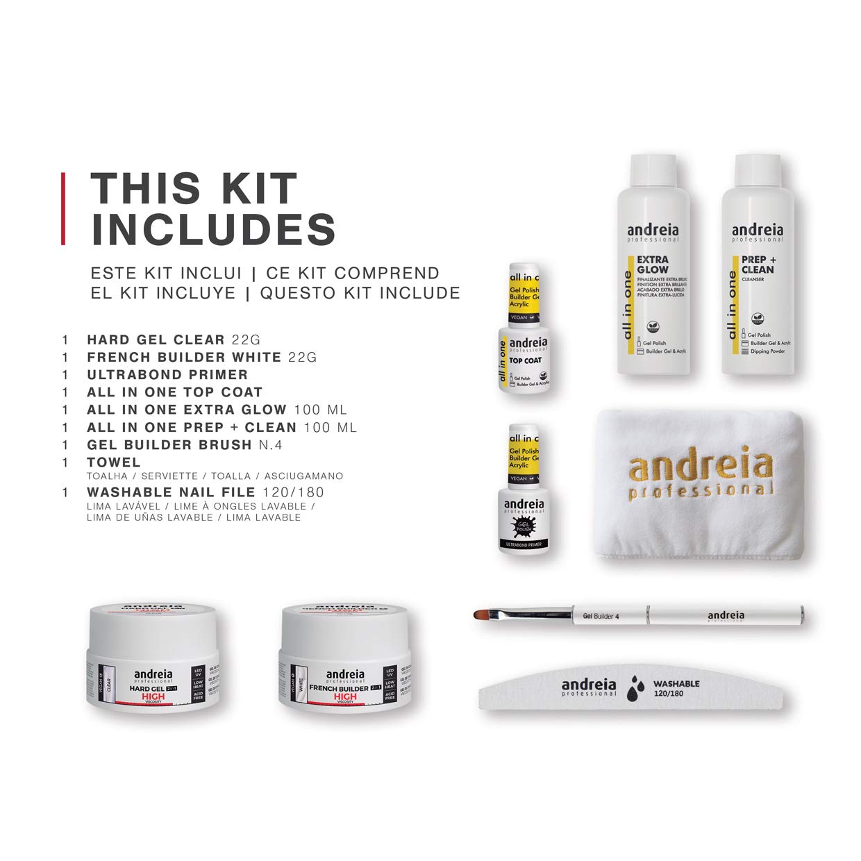 Andreia Professional Hard Gel Nail Kit PRO with Hard Gel Clear, French Builder White, Ultrabond Nail Primer, Top Coat, Extra Glow, Prep Clean Cleanser, Washable Nail File, Towel & Gel Builder Brush