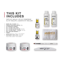 Andreia Professional Hard Gel Nail Kit PRO with Hard Gel Clear, French Builder White, Ultrabond Nail Primer, Top Coat, Extra Glow, Prep Clean Cleanser, Washable Nail File, Towel & Gel Builder Brush