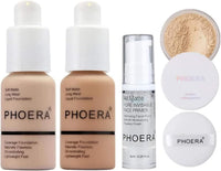 Glamza Phoera Foundation Full Coverage Makeup Set - Includes Nude & Buff Beige 30ml Matte Foundation, 6ml Face Primer & Cool Beige Setting Powder for All Day Wear Without Creasing, Caking, or Flashback