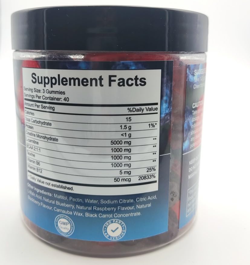 The London Co. Creatine Monohydrate Gummies, 8000mg, 120 Count, Sugar Free, Advanced Complex with BCAA, L-Carnitine, Taurine