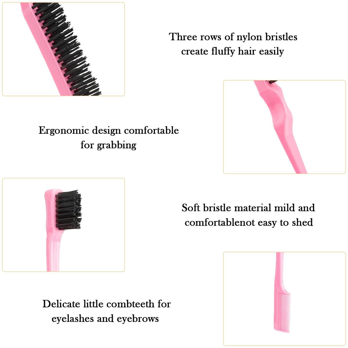 Luoqun88 3 Pcs Hair Styling Brush Set - Double Sided Edge Control Brush, Rat Tail Comb & Bristle Hair Brush for Home, Salon, and Travel (Pink)