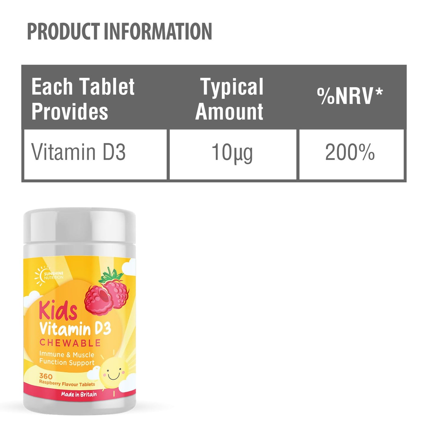 Vitamin D Chewable Supplements for Children 360 Raspberry Flavour Tablets by Sunshine Nutrition (Kids Chewable D3)