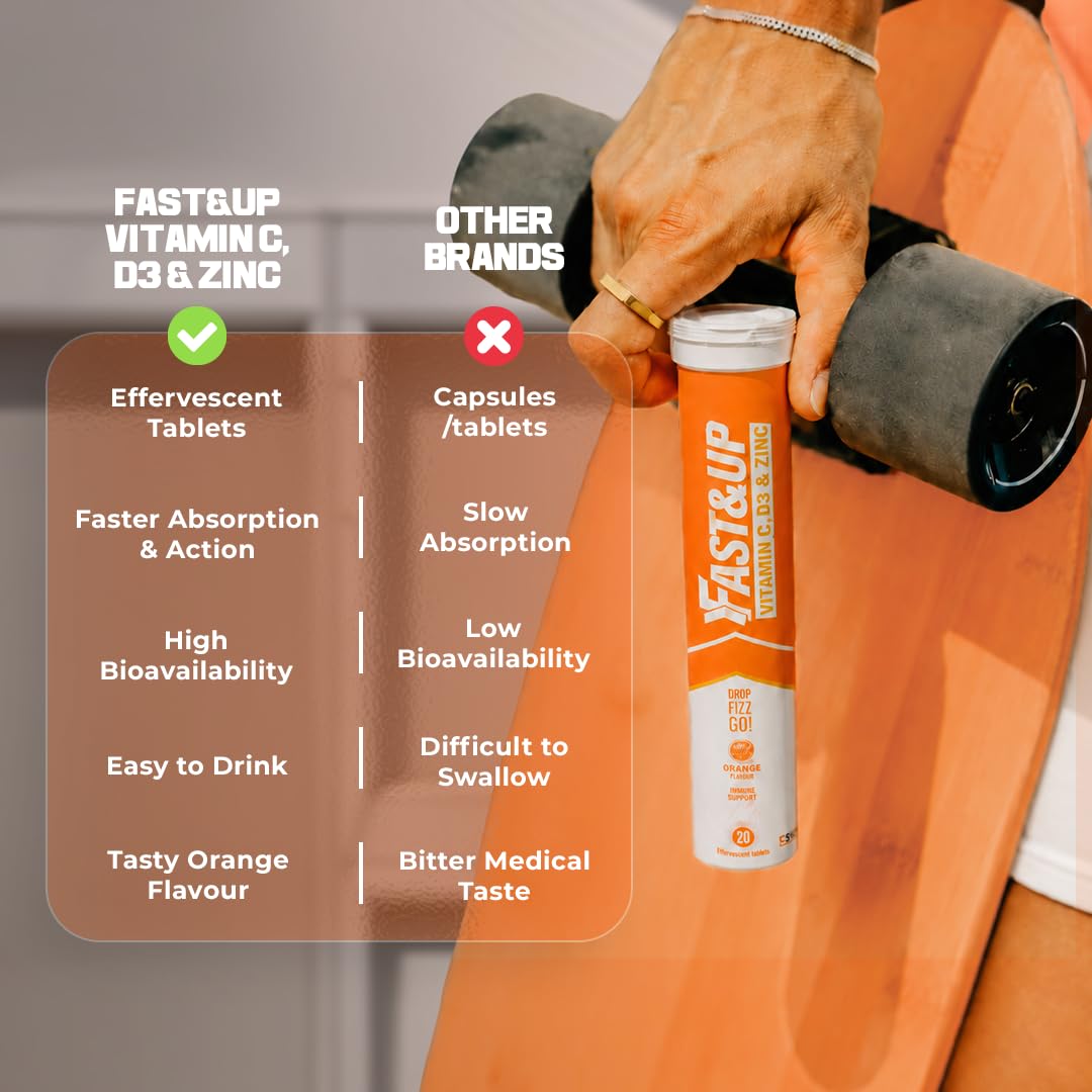 FAST&UP Fast&Up Vitamin C, Vitamin D & Zinc - 20 Effervescent Tablets - Complete Immunity Support - Best Defence - One Daily - Orange Flavour