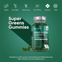 Super Greens Gummies - 90 Vegan Gummies - Blend of Botanicals with Essential Vitamins & Minerals - Natural Blueberry & Raspberry Flavour - for Energy & Immunity - Alternative to Super Greens Powder