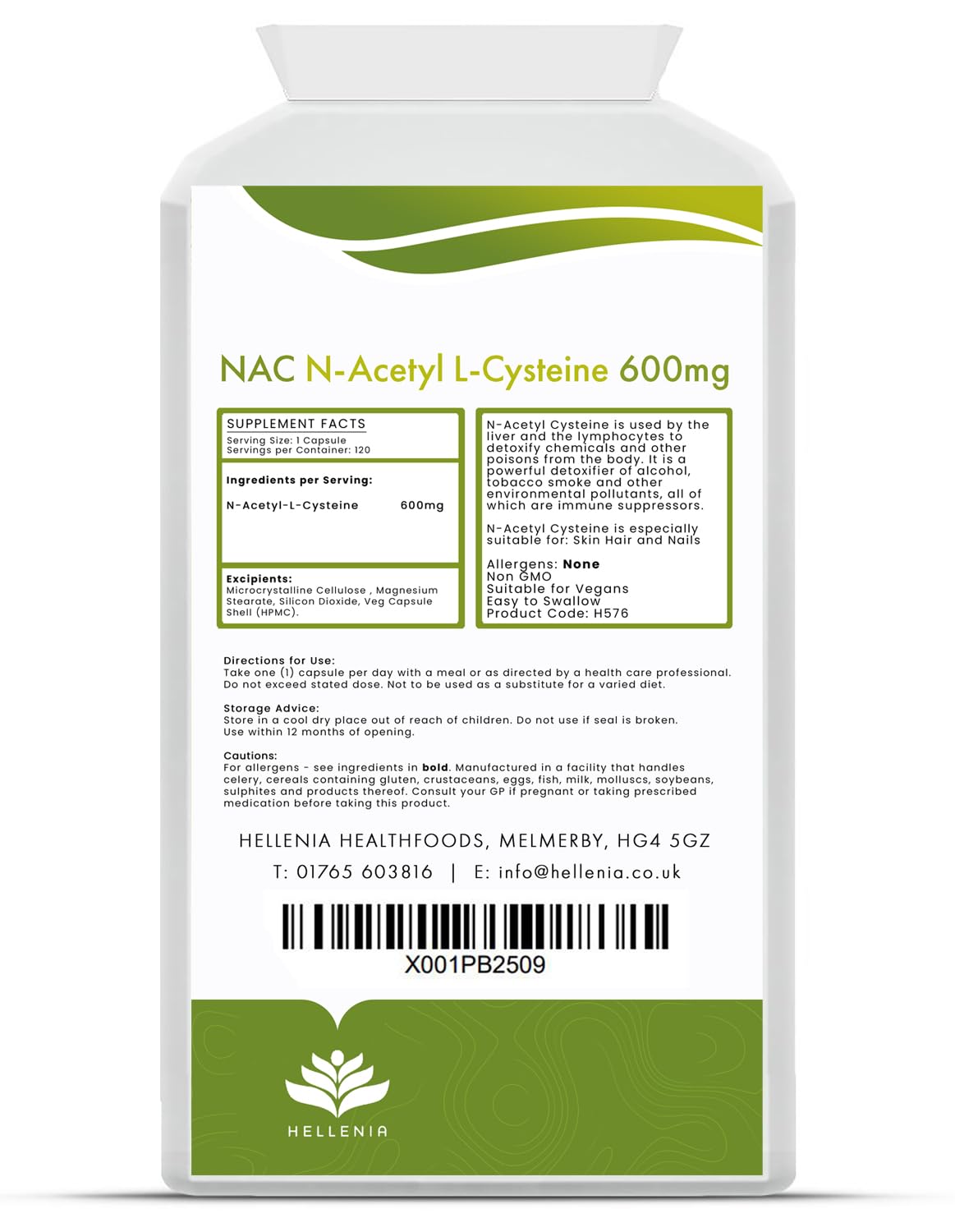 NAC N-Acetyl-Cysteine 600mg | 120 Vegan Capsules | NAC Supplement | Vegan NAC Supplement | High Strength & High Bioavailability - Manufactured in the UK by Hellenia