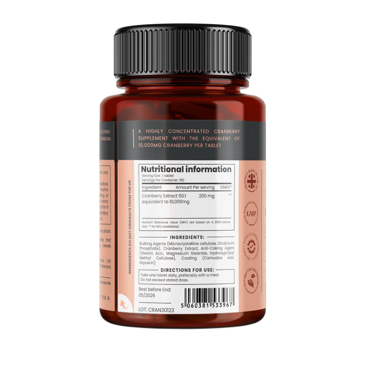 Pureclinica Double Strength Cranberry Extract 10,000mg x 180 Ultra Concentrated Tablets x 720 Tablets (4 Bottles of 180) – 2 Year Supply