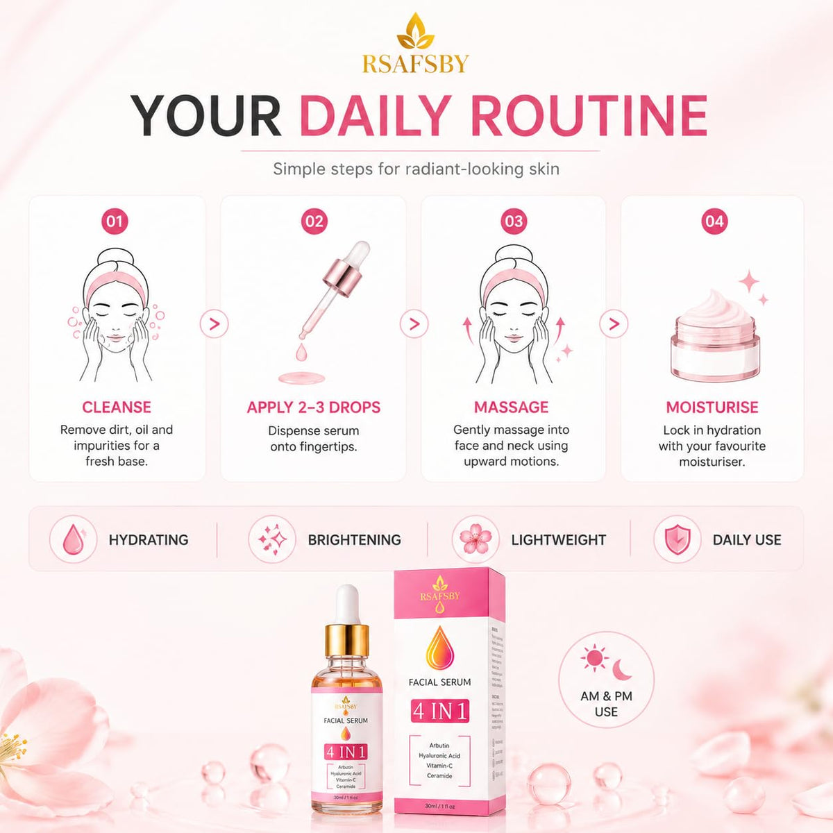 RSAFSBY Arbutin Face Serum with Hyaluronic Acid, Vitamin C & Ceramide – Brightening & Hydrating Anti-Aging Serum for Dark Spots, Hyperpigmentation, Acne Scars & Uneven Skin Tone – 30ml