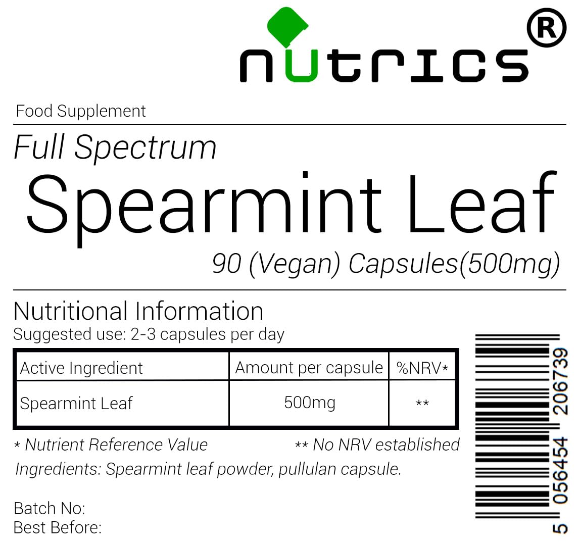 Nutrics® 500mg Spearmint Leaf x 90 V Capsules (1 Month Supply) 100% Pure Spearmint - Full Spectrum -Suitable for Vegan Vegetarian Halal & Kosher