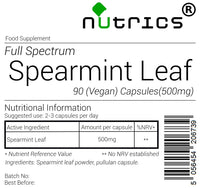 Nutrics® 500mg Spearmint Leaf x 90 V Capsules (1 Month Supply) 100% Pure Spearmint - Full Spectrum -Suitable for Vegan Vegetarian Halal & Kosher