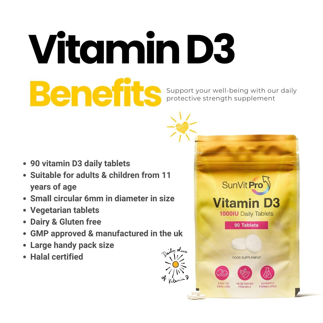 SunVit-D3 Vitamin D 1000IU - Cholecalciferol Vitamin D Tablets 1000IU Support the Maintenance of Bone, Teeth, Muscle & Immune System | UK Made, GMP Approved, Dairy & Gluten free D3 Vitamins 90 Tablets