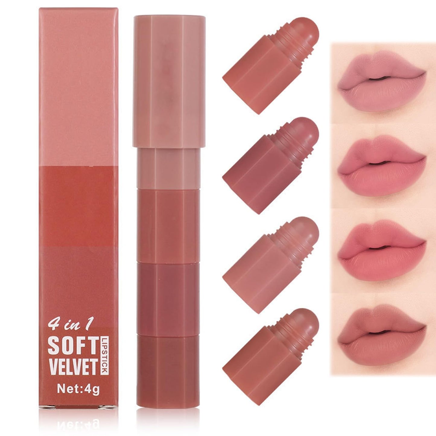 SHEBEEDO Nude Pink Lipstick,4 Colors Moisture Shine Hydrating Lipstick Pen,Long Lasting Highly Pigmented Creamy Matte Lip Gloss,Mini Lipstick Set,Lip Makeup Lipgloss for Women Girls Daily Makeup(#A)