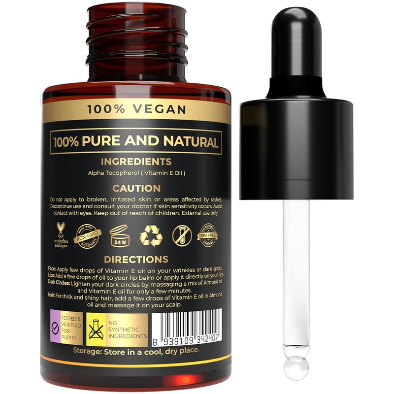 The Organic Forest – VEGAN . PURE . NATURAL 100% Pure Vitamin E Oil | Vitamin E Oil for Scars & Hair | 22500 IU, Non-GMO Verified | Skin Care | Face Oil | Moisturizing Oil | Cuticles and Nails Care