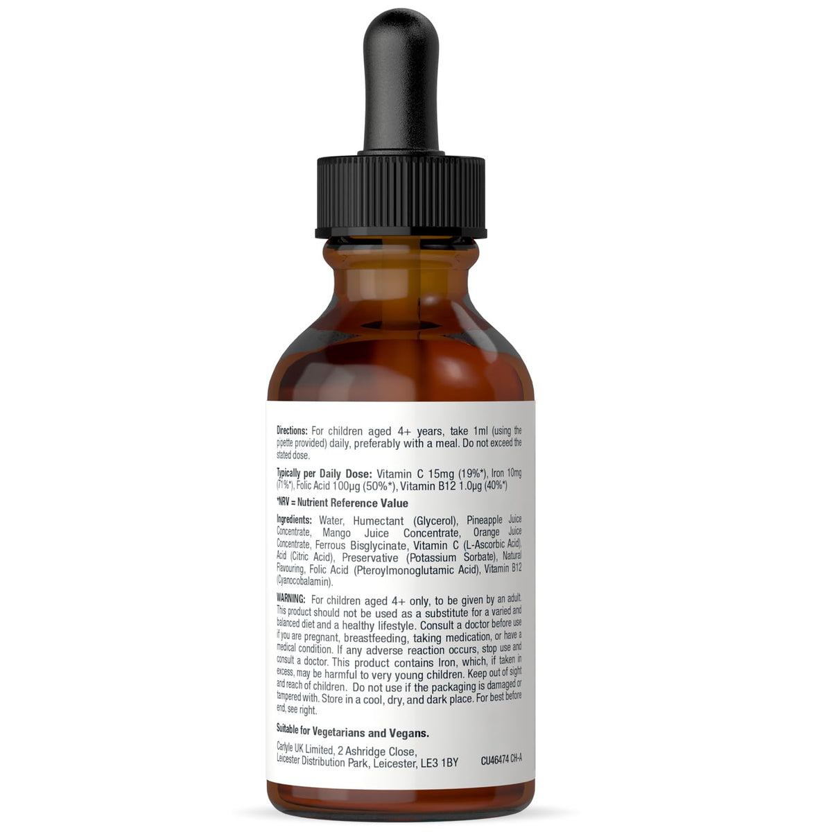 Carlyle Iron Drops for Kids | 50mL | with Vitamin C, B12, and Folic Acid | Tropical Flavoured Liquid Food Supplement | 10mg of Iron Per Serving | Vegan | by Lil' Sprouts