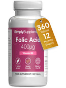 Simply Supplements Folic Acid 400µg (Vitamin B9) | 360 Vegan Tablets | 12 Months' Supply