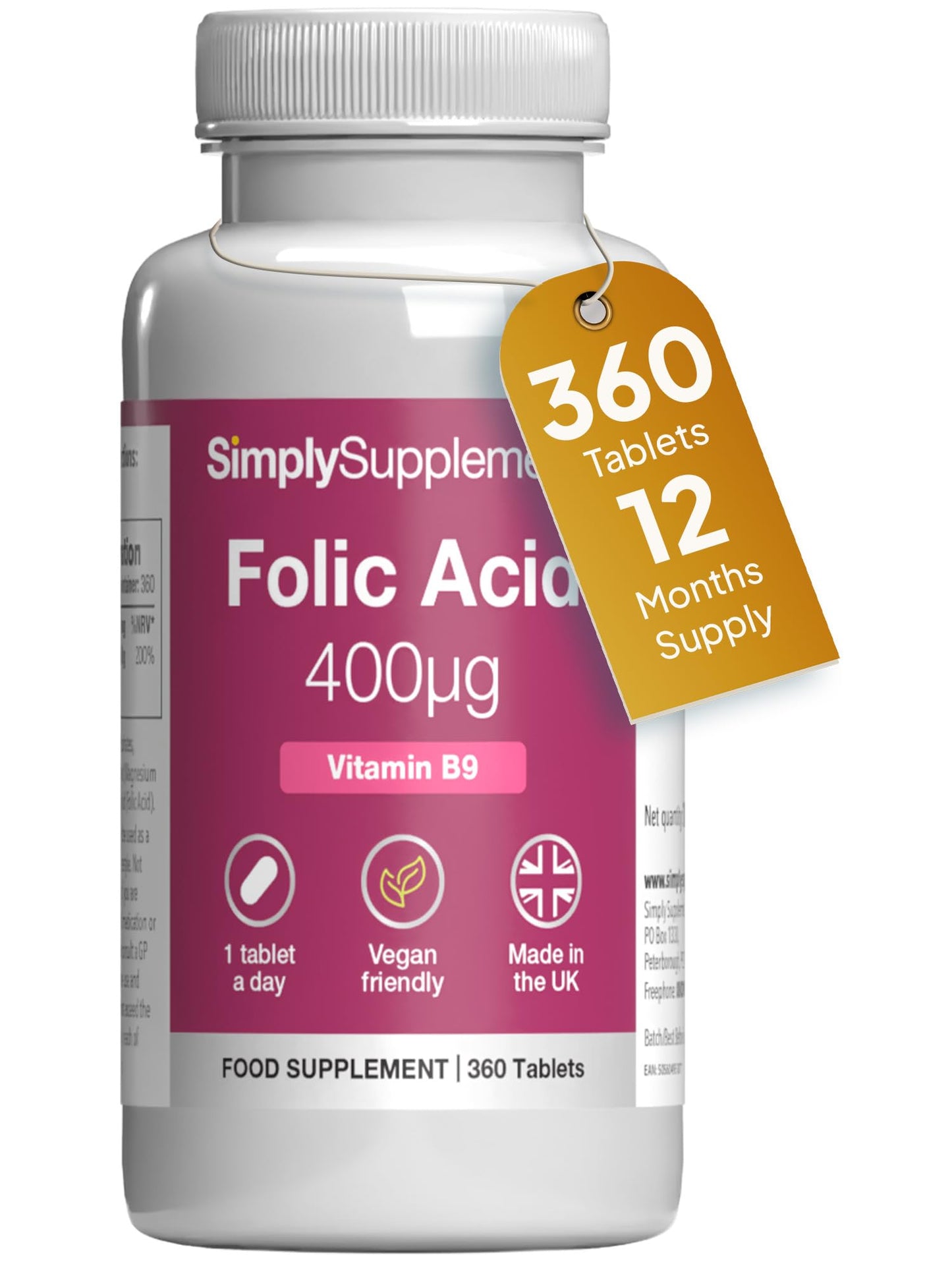 Simply Supplements Folic Acid 400µg (Vitamin B9) | 360 Vegan Tablets | 12 Months' Supply