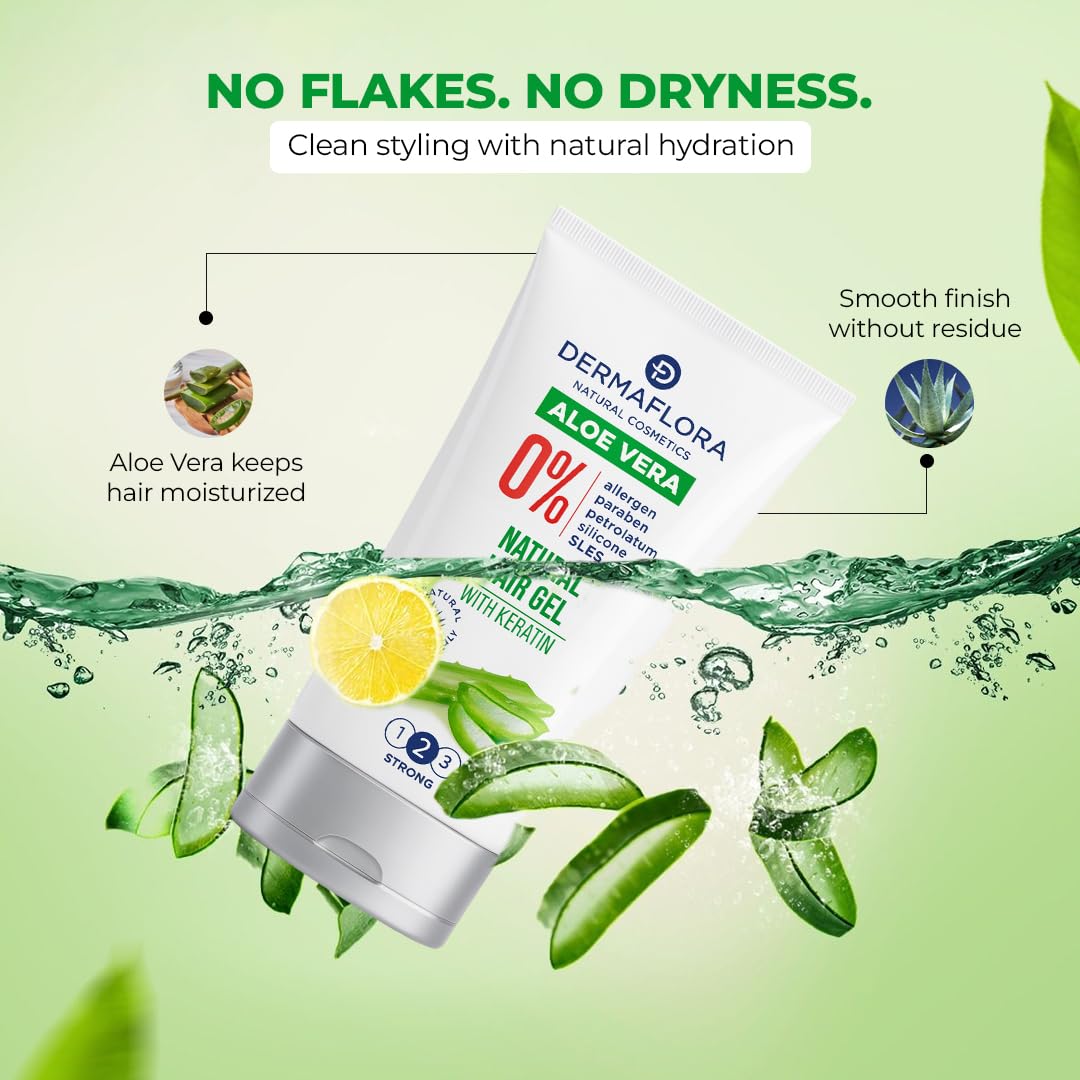 Dermaflora Natural Aloe Vera Gel for Hair with Keratin – 150ml | Lightweight Styling Gel for Men & Women | Flexible Hold, Moisturizing, Non-Flaky Formula, Paraben-Free & Allergen-Free