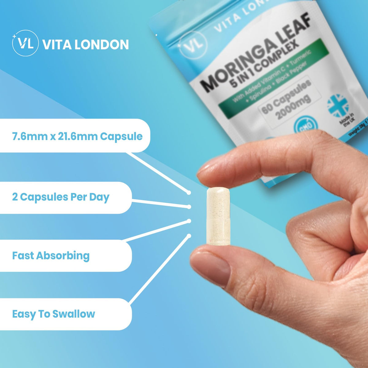 VL Vita London Moringa Leaf Capsules 2000mg | Added Vitamin C + Turmeric + Spirulina + Black Pepper | High Strength Supplements for Men & Women | 180 Vegan Capsules (Not Powder, Tablets of Gummies)