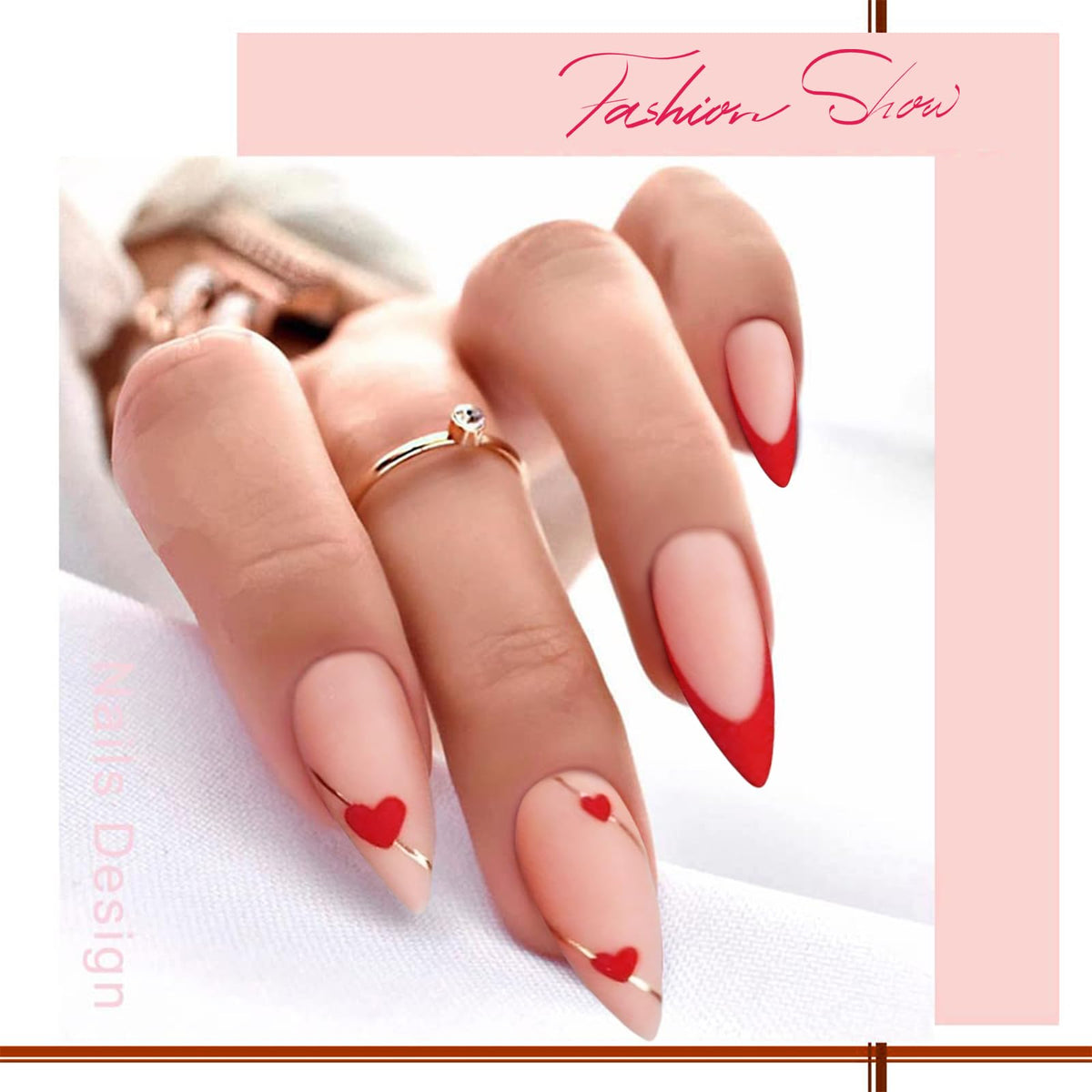 CharmBurst 24-Piece Valentine's Day Press On Nails, Almond Fake Nails, French Love Heart Line Design Artificial Nails For Application, False Nail Tips