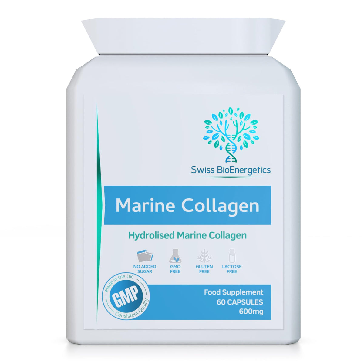 swiss bioenergetics Marine Collagen 600mg 60 Capsules - Highly Bioavailable Naticol® Type 1 Produced by enzymatic hydrolysis ensuring The Highest Levels of oligopeptides with Maximum Purity