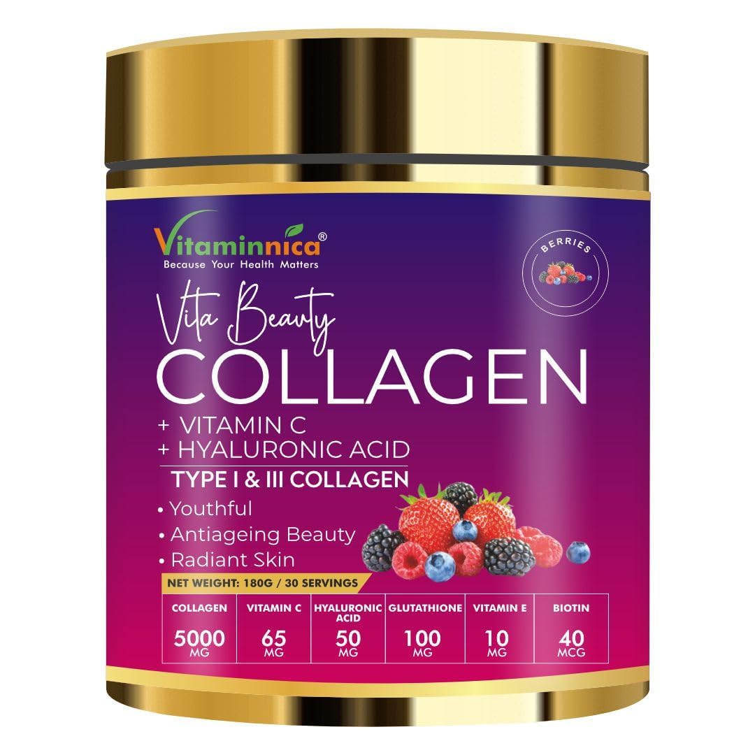 Vitaminnica Because your Health Matters Vitaminnica Vita Beauty Collagen Powder | Type I & III Collagen with Hyaluronic Acid, Biotin, Zinc, & Vitamin C | Supports Skin, Hair, Nails & Joints | 30 Servings (Berries)