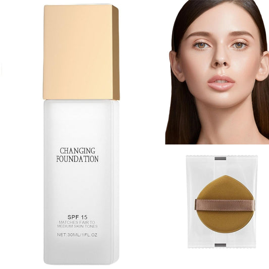 Siyinzu 30ML Colour Changing Foundation,Colour Changing Mature Skin Foundation,Long Lasting Waterproof Moisturising F-oundation,Concealer Spf 15,Covers Naturally Lotion Makeup Base with Powder Puff