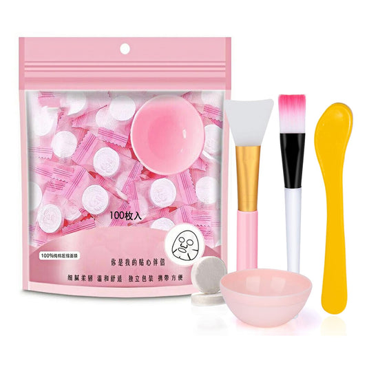 Akliocss 100 pcs Compressed Facial Mask Sheet Beauty DIY Disposable Mask Paper Natural Cotton Skin Care Wrapped Masks Normal Thick，Get a Small Mask Bowl, Mask Brushes and Hair Band Free