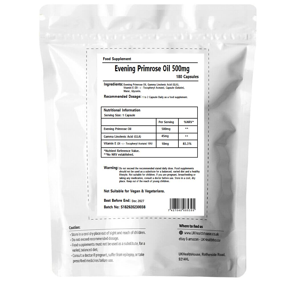 UKHealthHouse Evening Primrose Oil Softgels 500mg – High Strength Omega 6 with 45mg GLA & Vitamin E | Menopause Supplements for Women’s Health, Skin & Immune Support – 180 Capsules